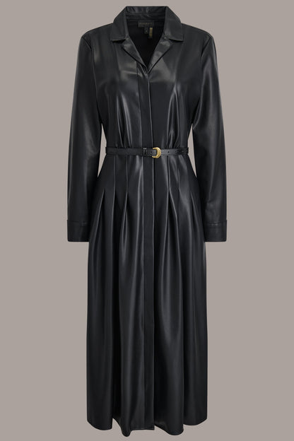 LONG SLEEVE FAUX LEATHER MIDI SHIRT DRESS - Black