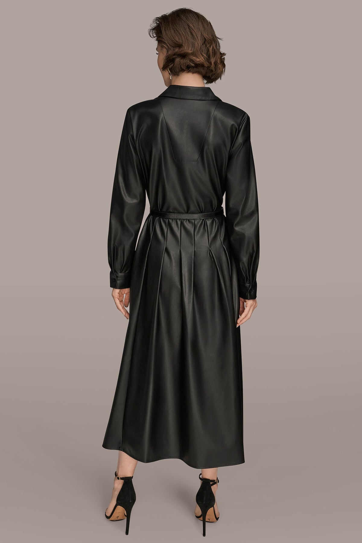 LONG SLEEVE FAUX LEATHER MIDI SHIRT DRESS - Black