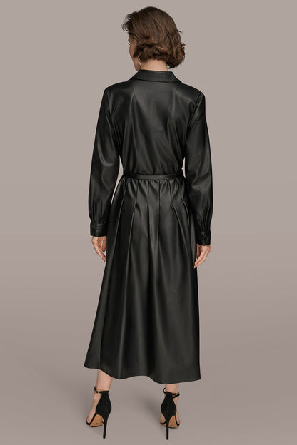 LONG SLEEVE FAUX LEATHER MIDI SHIRT DRESS - Black