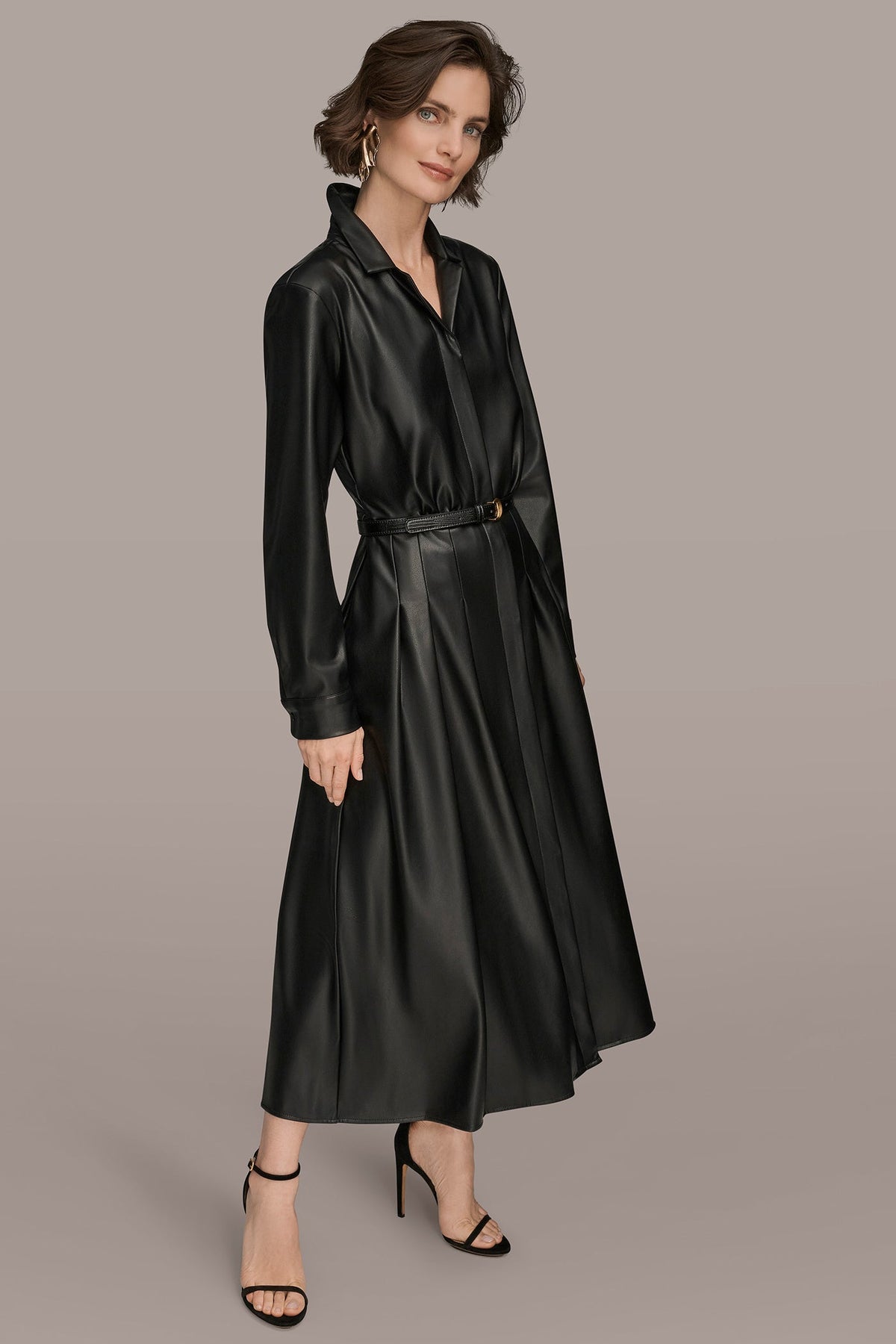 LONG SLEEVE FAUX LEATHER MIDI SHIRT DRESS - Black