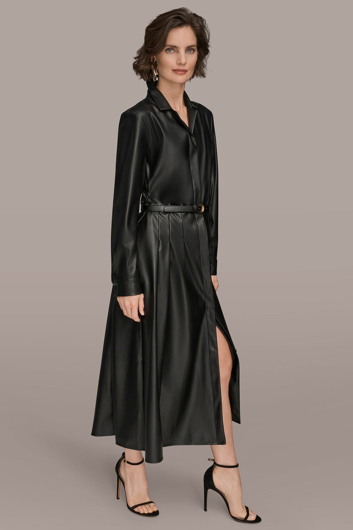 LONG SLEEVE FAUX LEATHER MIDI SHIRT DRESS - Black
