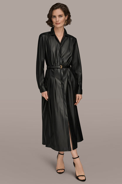 LONG SLEEVE FAUX LEATHER MIDI SHIRT DRESS - Black