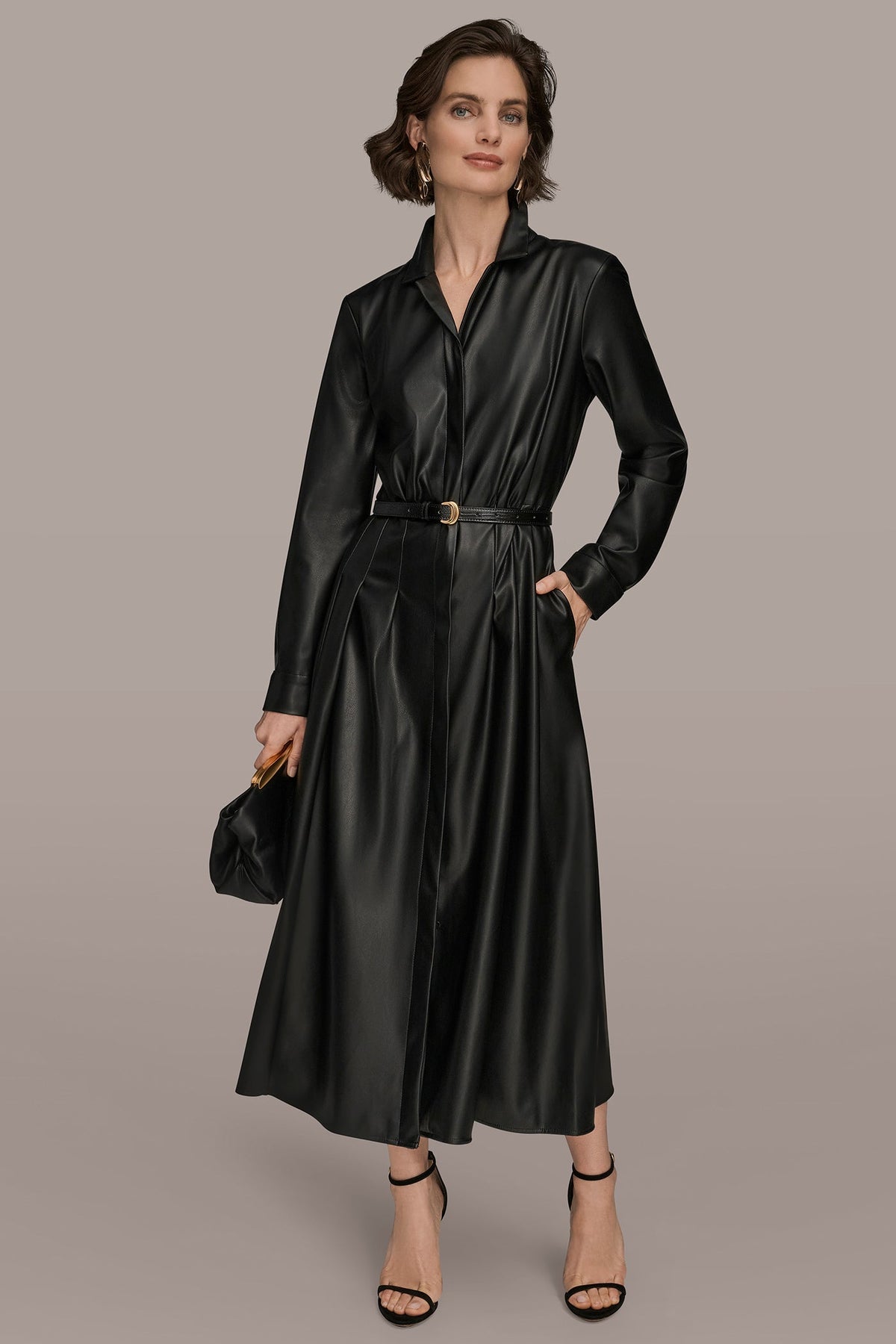 LONG SLEEVE FAUX LEATHER MIDI SHIRT DRESS - Black