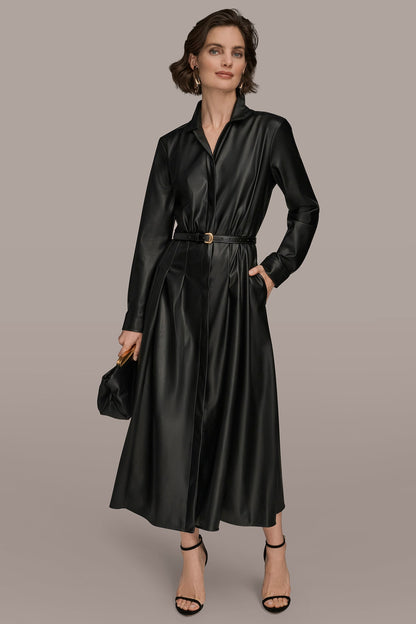 LONG SLEEVE FAUX LEATHER MIDI SHIRT DRESS - Black