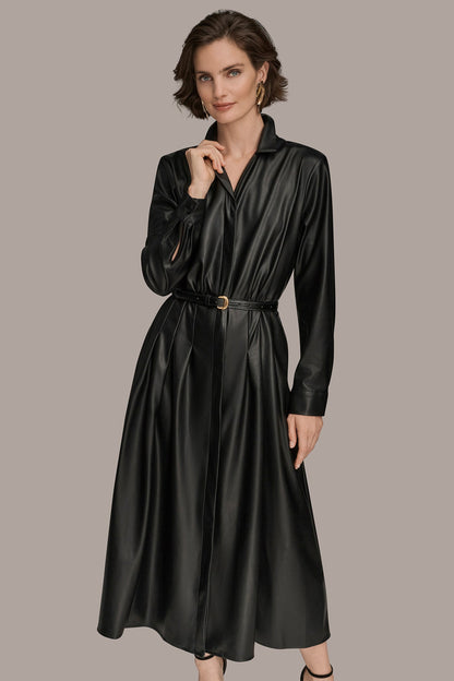 LONG SLEEVE FAUX LEATHER MIDI SHIRT DRESS - Black