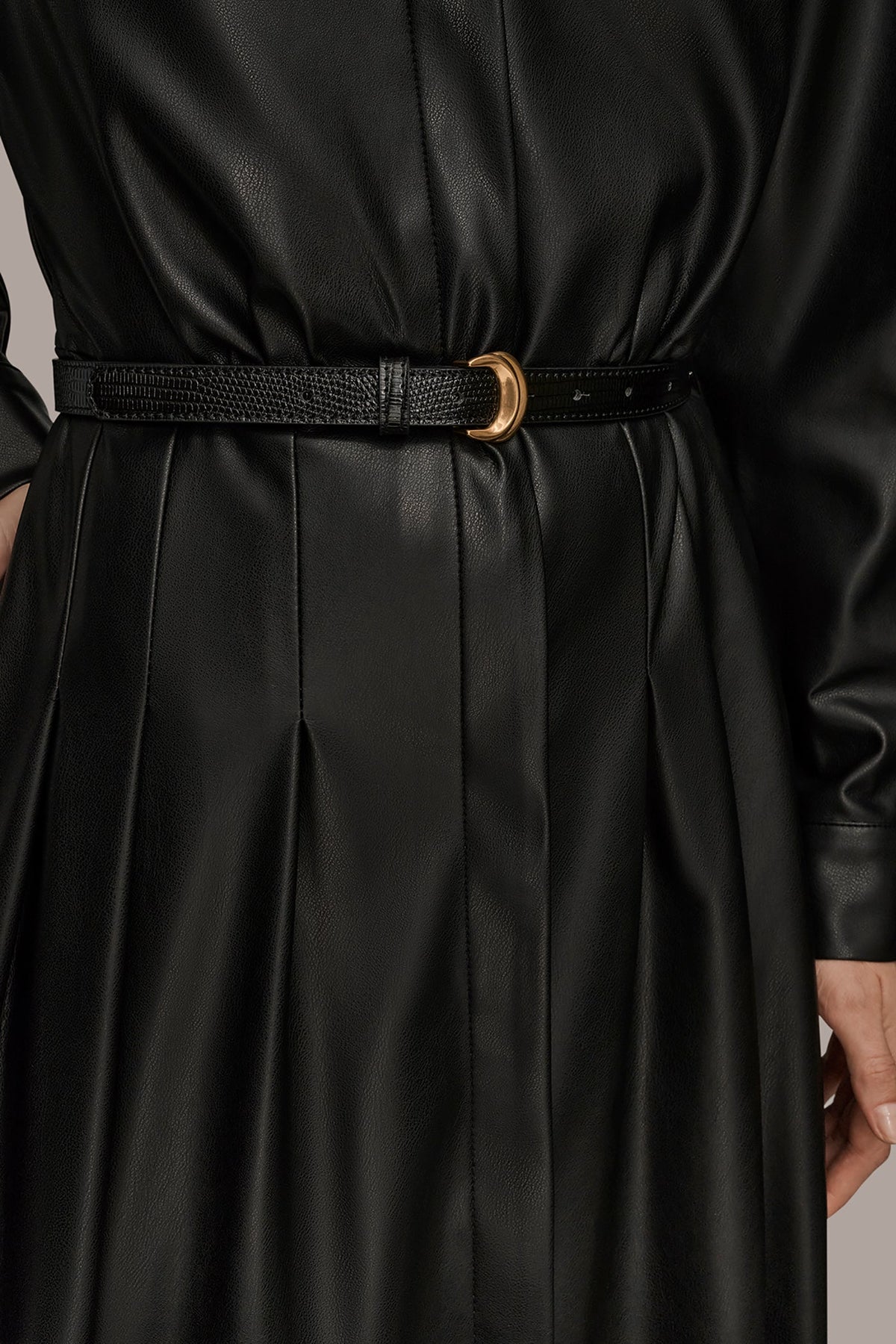 LONG SLEEVE FAUX LEATHER MIDI SHIRT DRESS - Black