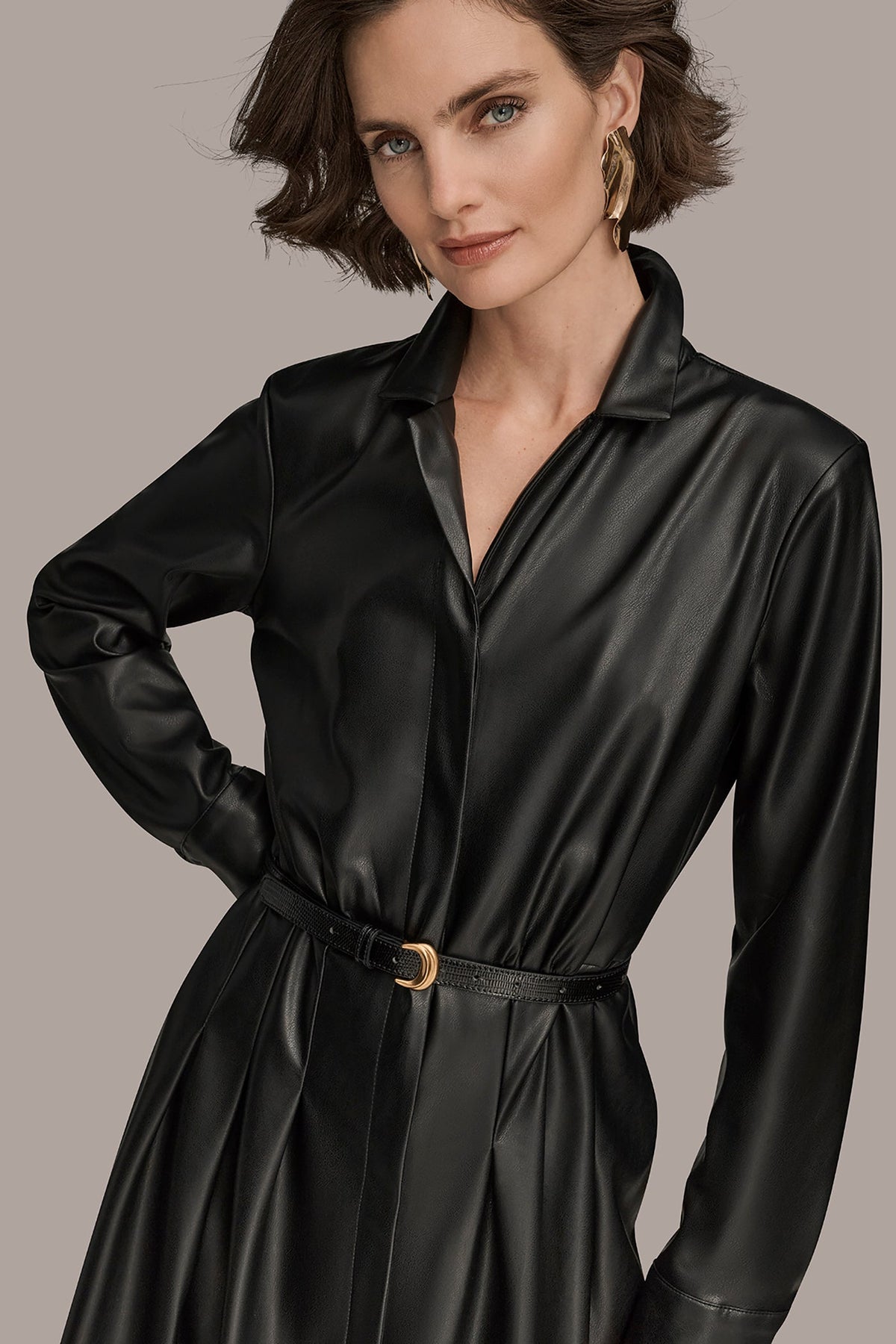 LONG SLEEVE FAUX LEATHER MIDI SHIRT DRESS - Black