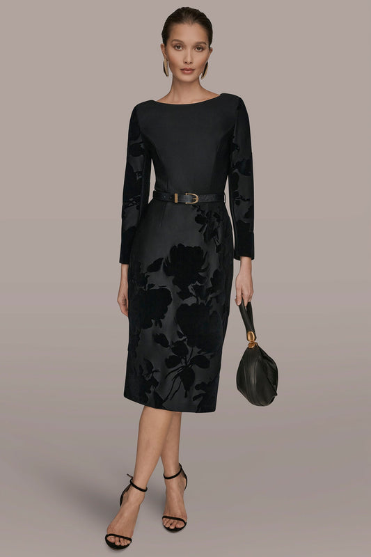 3/4 SLEEVE BOATNECK MIDI SHEATH DRESS - BLACK