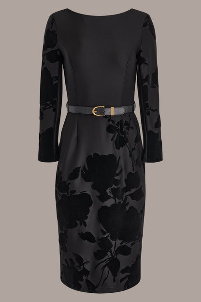3/4 SLEEVE BOATNECK MIDI SHEATH DRESS - BLACK