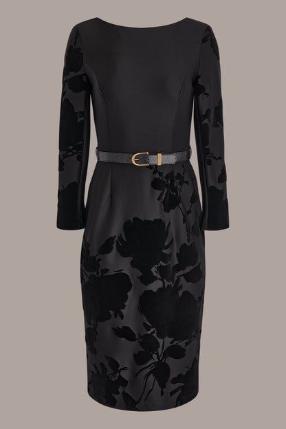 3/4 SLEEVE BOATNECK MIDI SHEATH DRESS - BLACK