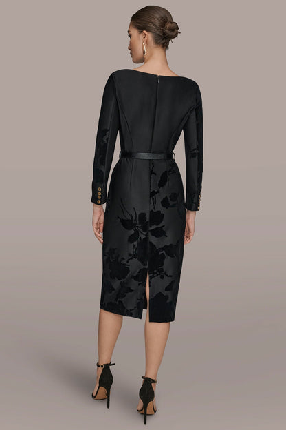 3/4 SLEEVE BOATNECK MIDI SHEATH DRESS - BLACK