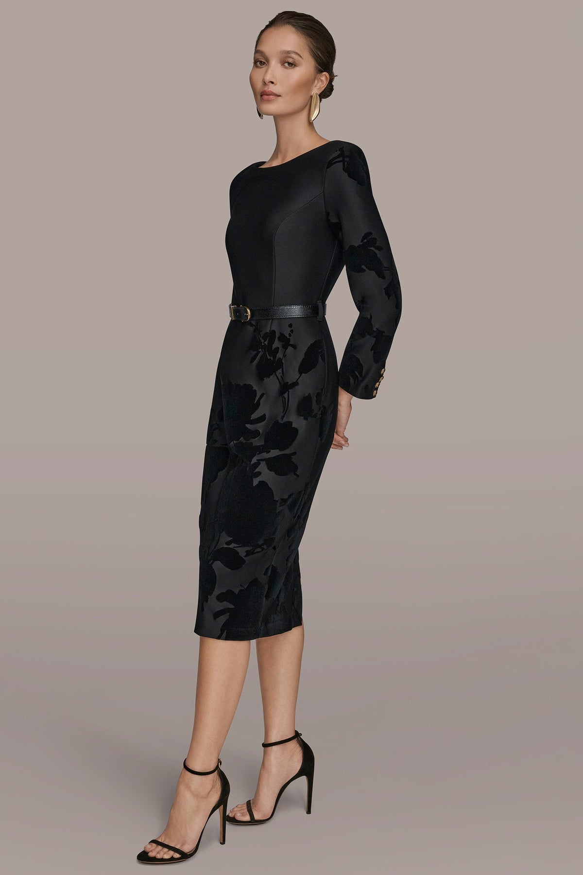 3/4 SLEEVE BOATNECK MIDI SHEATH DRESS - BLACK
