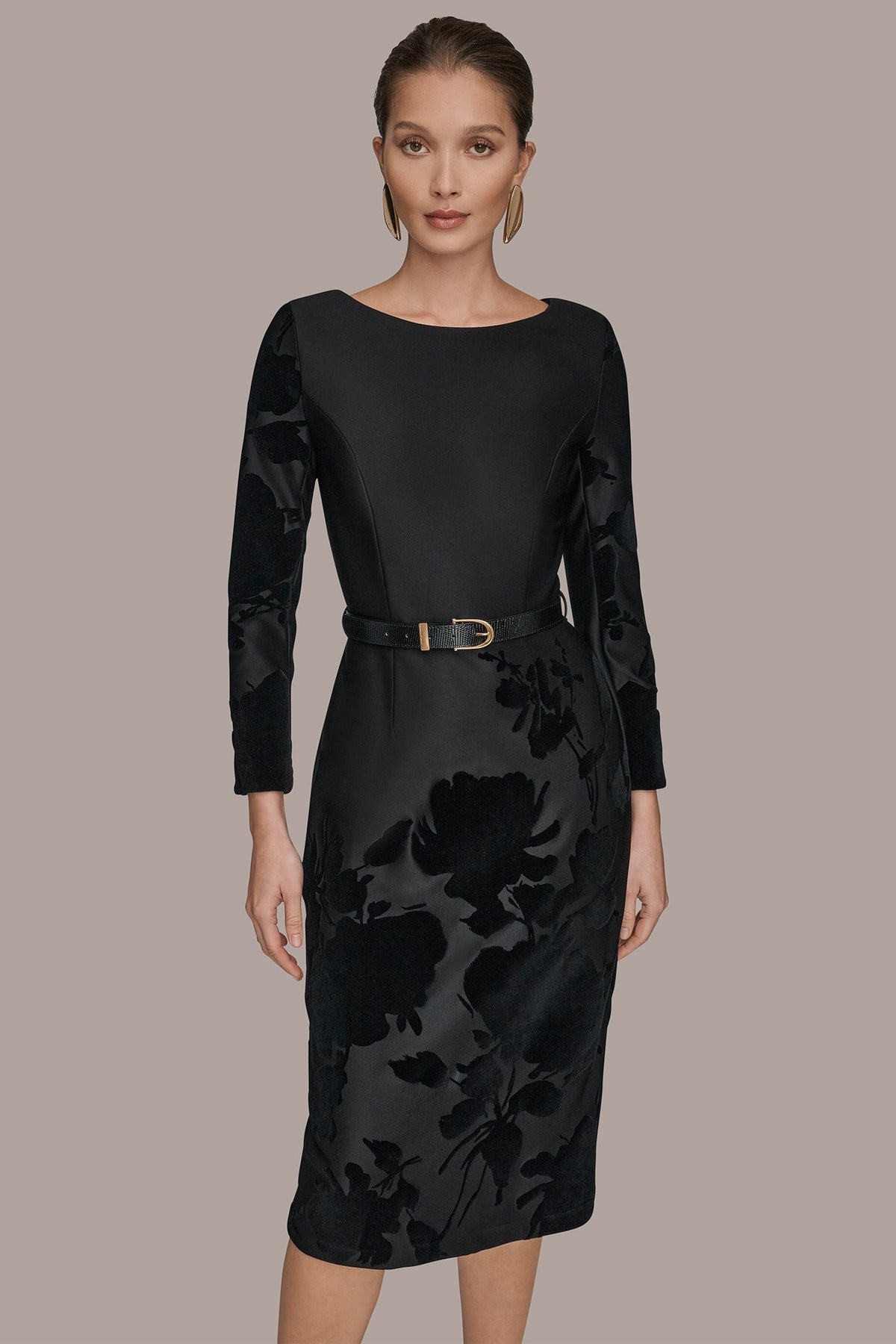 3/4 SLEEVE BOATNECK MIDI SHEATH DRESS - BLACK