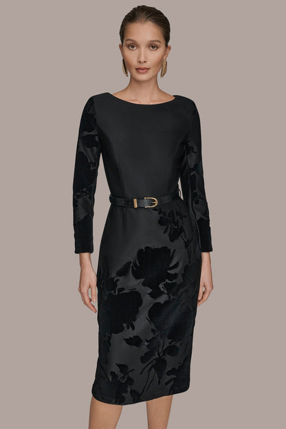 3/4 SLEEVE BOATNECK MIDI SHEATH DRESS - BLACK