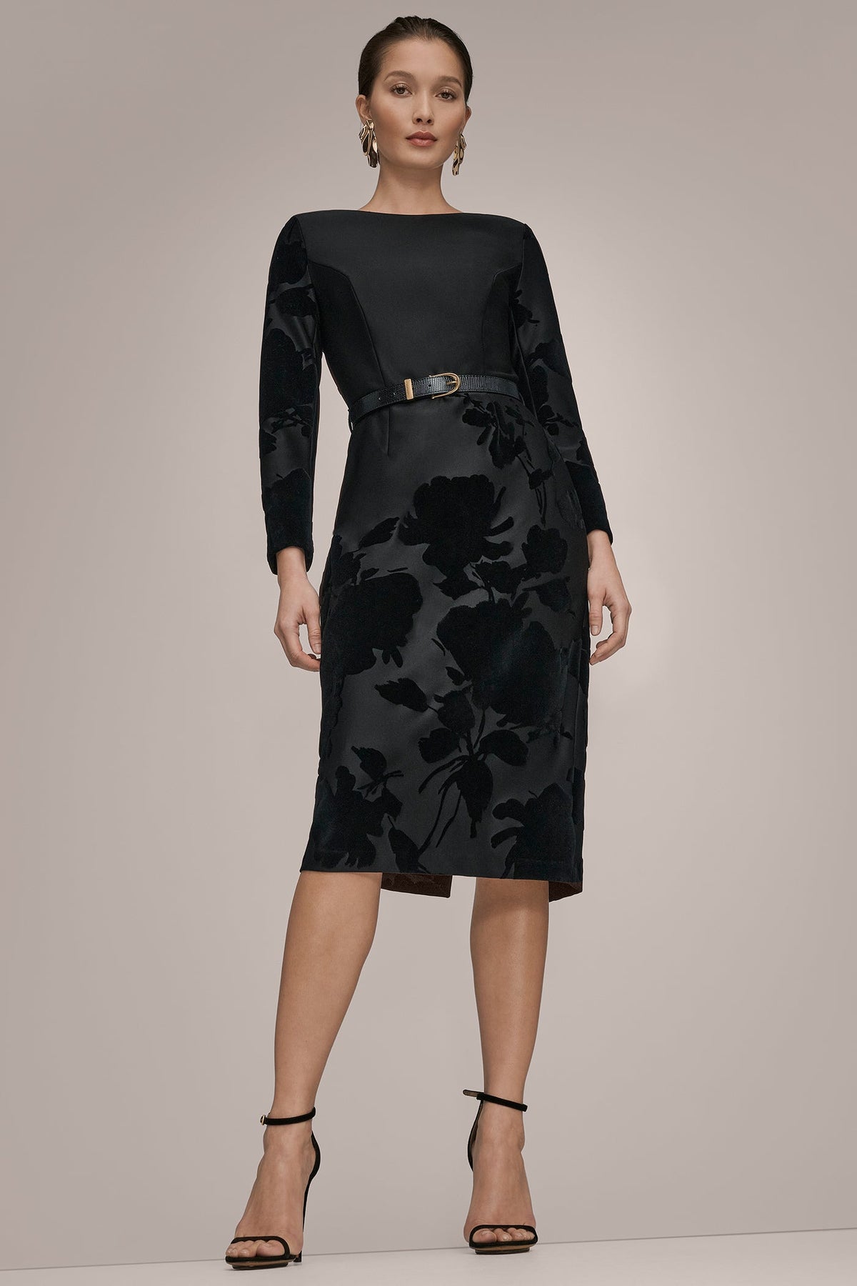 3/4 SLEEVE BOATNECK MIDI SHEATH DRESS - BLACK