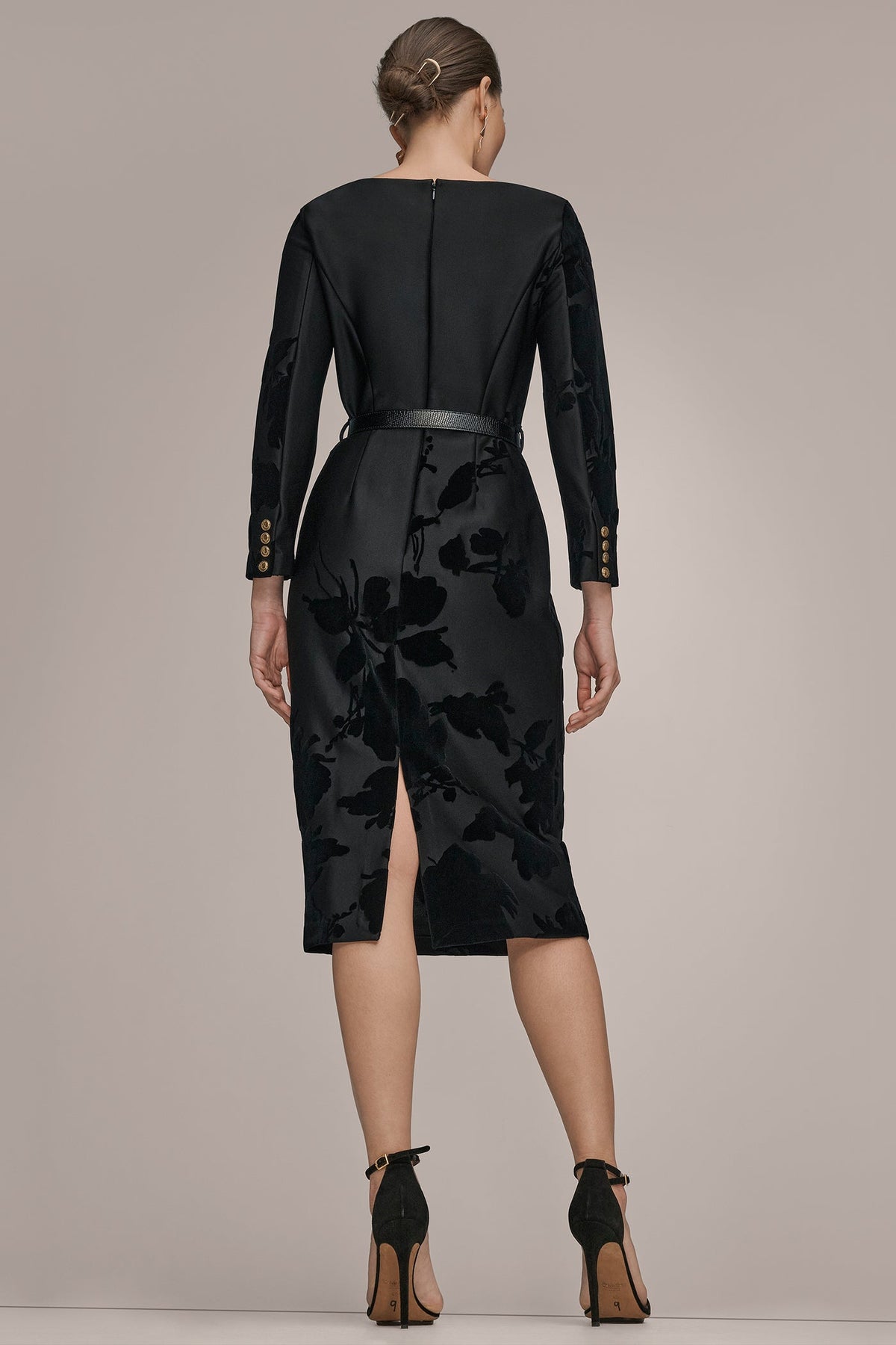 3/4 SLEEVE BOATNECK MIDI SHEATH DRESS - BLACK