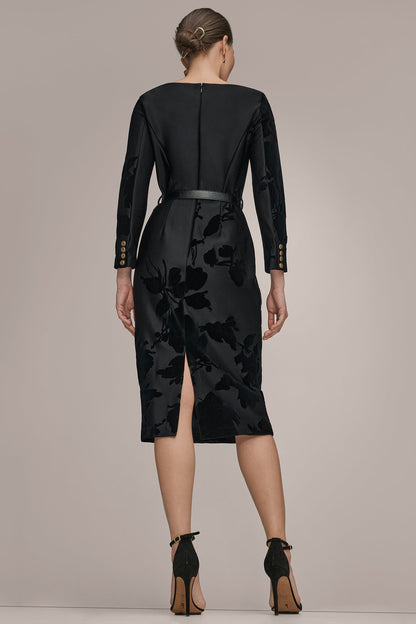 3/4 SLEEVE BOATNECK MIDI SHEATH DRESS - BLACK