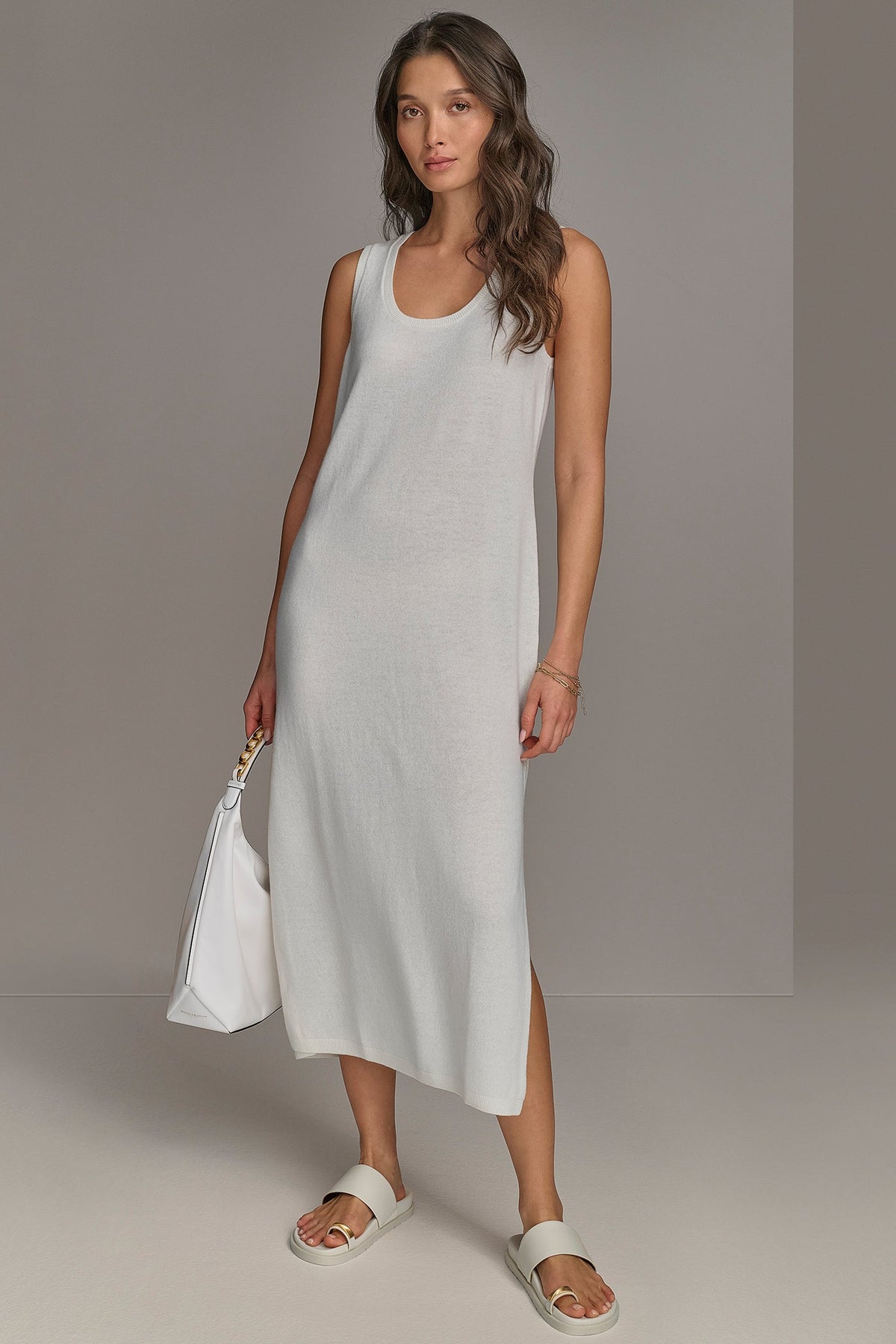 CASHMERE SLEEVELESS MIDI TANK DRESS - CREAM