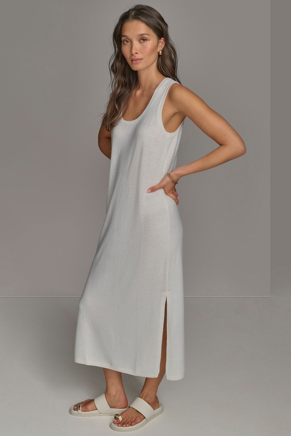 CASHMERE SLEEVELESS MIDI TANK DRESS - CREAM