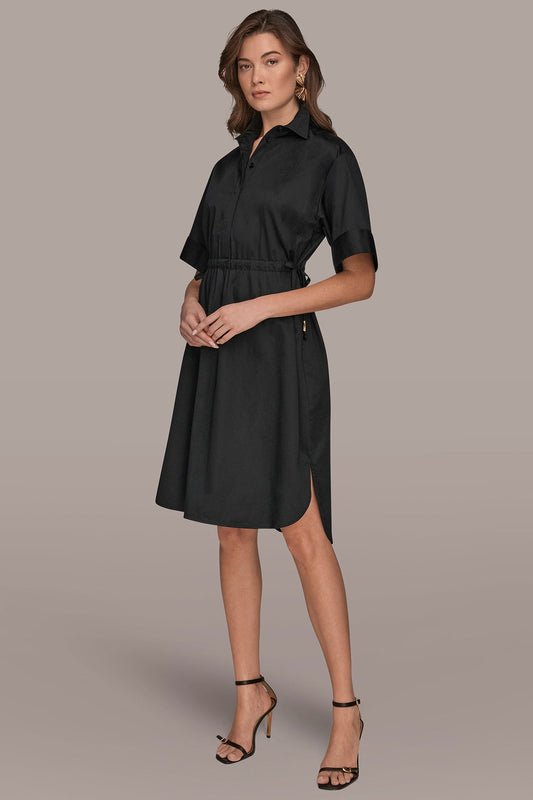 COTTON-SATEEN DRAWSTRING SHIRT DRESS - Black
