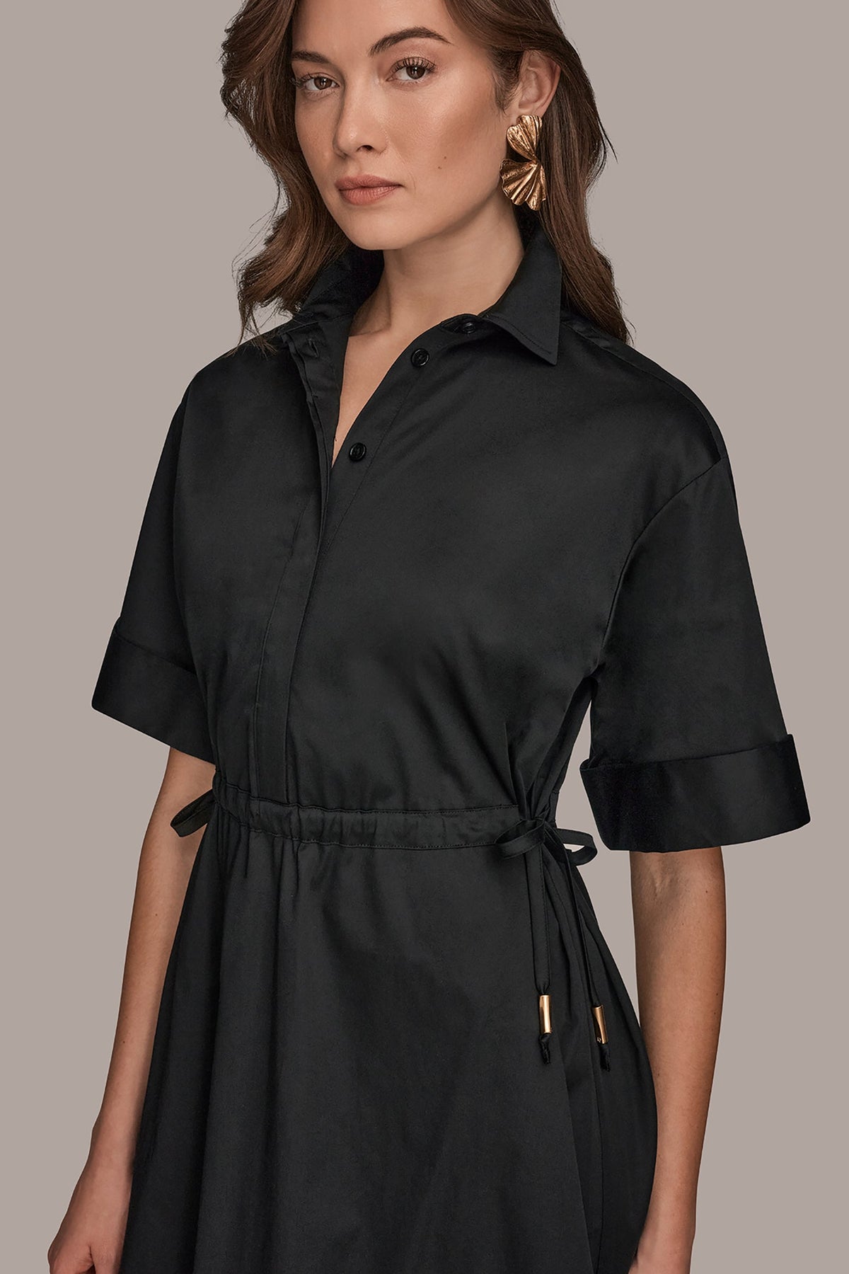 COTTON-SATEEN DRAWSTRING SHIRT DRESS - Black