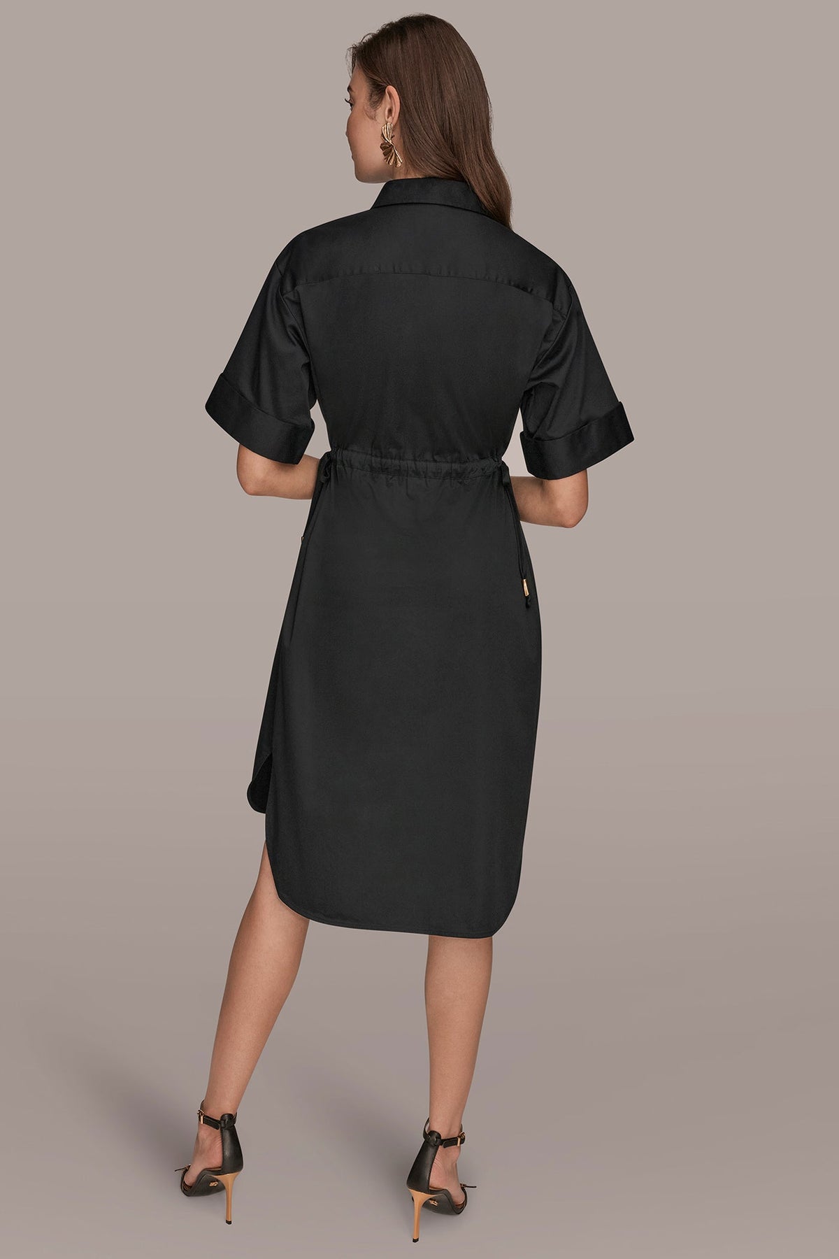COTTON-SATEEN DRAWSTRING SHIRT DRESS - Black