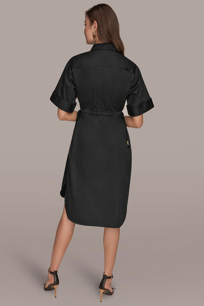 COTTON-SATEEN DRAWSTRING SHIRT DRESS - Black