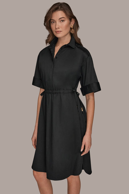 COTTON-SATEEN DRAWSTRING SHIRT DRESS - Black