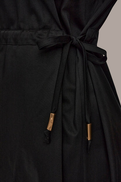 COTTON-SATEEN DRAWSTRING SHIRT DRESS - Black
