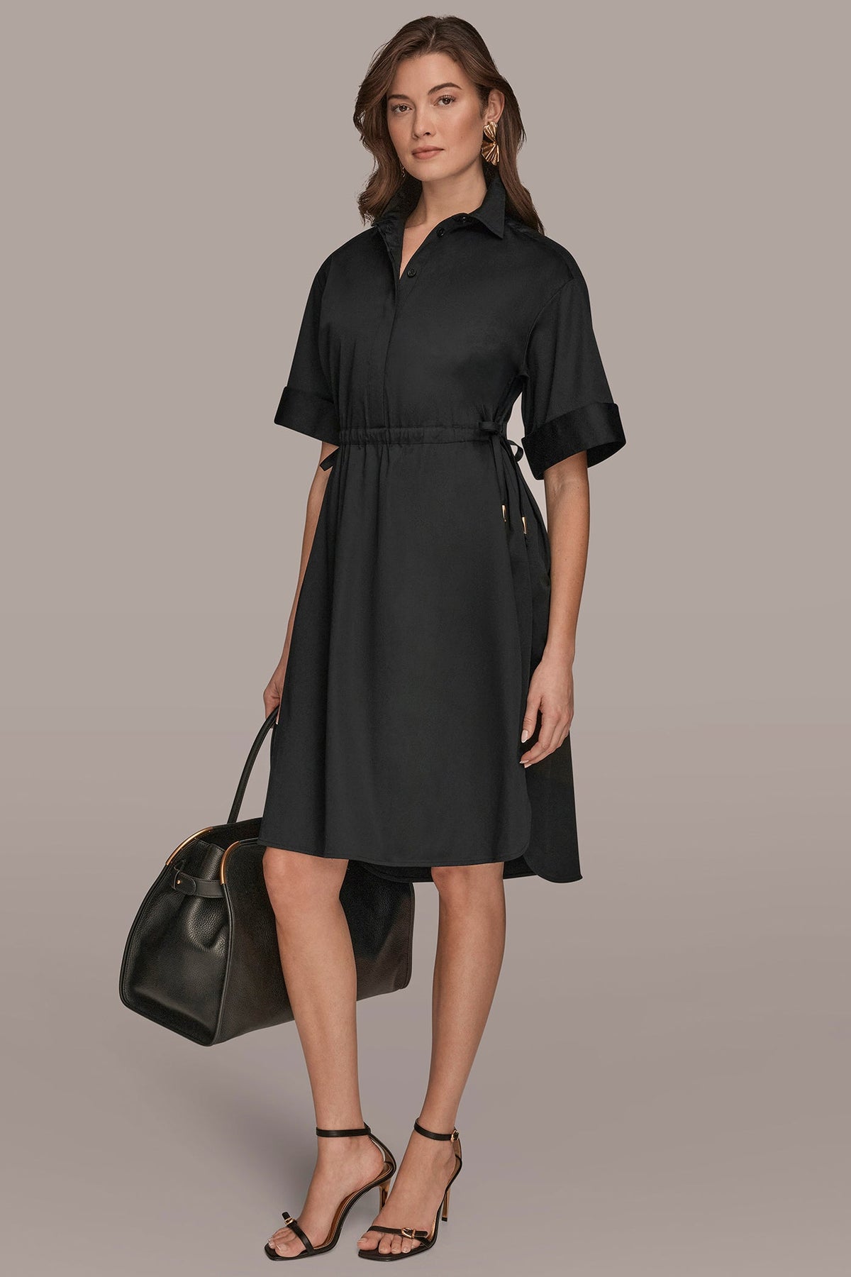 COTTON-SATEEN DRAWSTRING SHIRT DRESS - Black