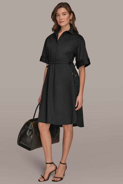 COTTON-SATEEN DRAWSTRING SHIRT DRESS - Black