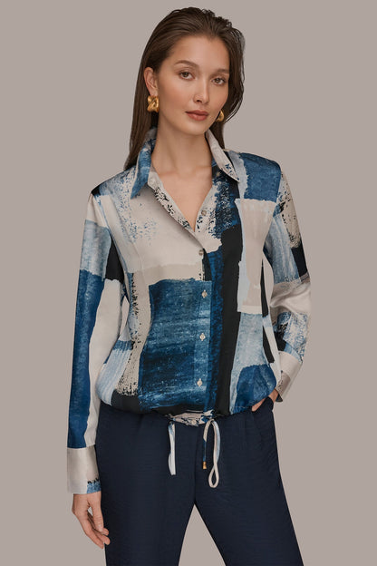 DRAWSTRING HEM BLOUSE - Washed Indigo/Cream Multi