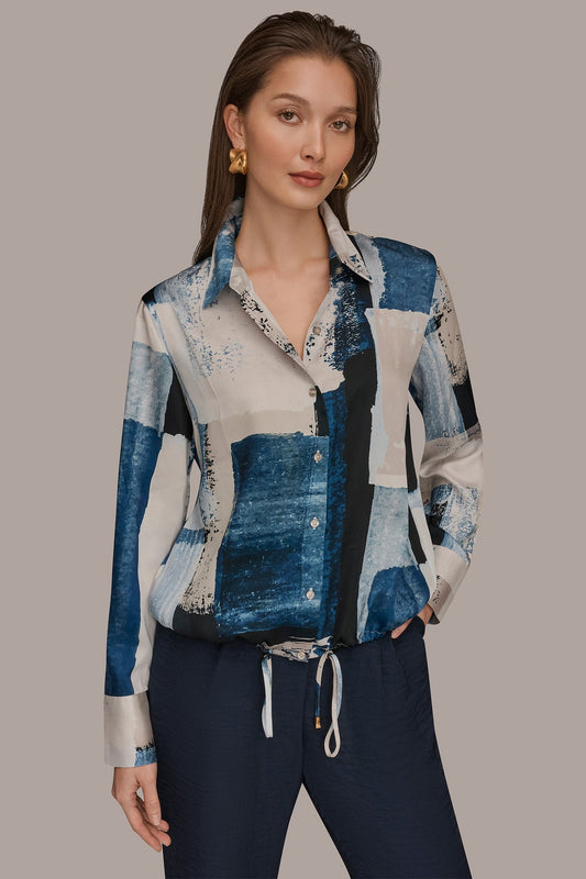 DRAWSTRING HEM BLOUSE - Washed Indigo/Cream Multi