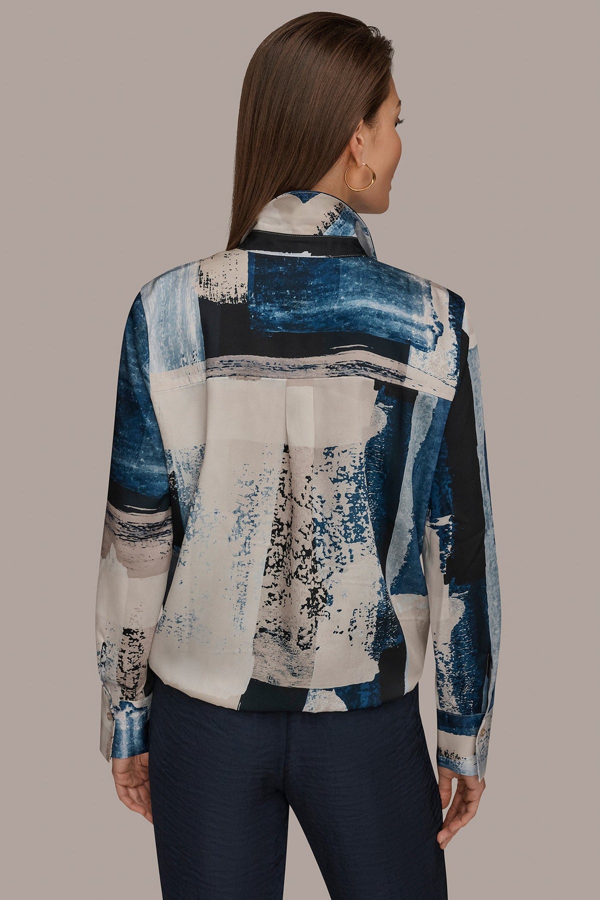 DRAWSTRING HEM BLOUSE - Washed Indigo/Cream Multi