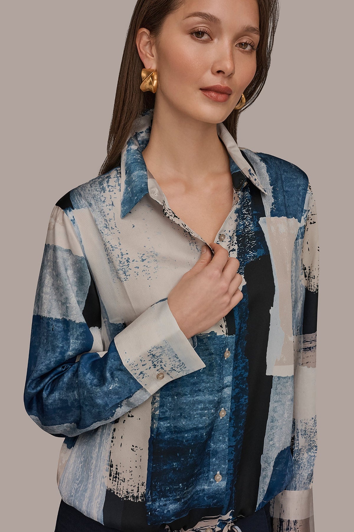 DRAWSTRING HEM BLOUSE - Washed Indigo/Cream Multi