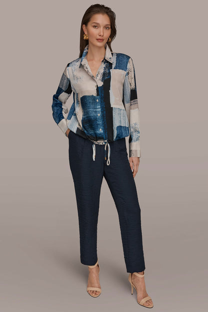 DRAWSTRING HEM BLOUSE - Washed Indigo/Cream Multi