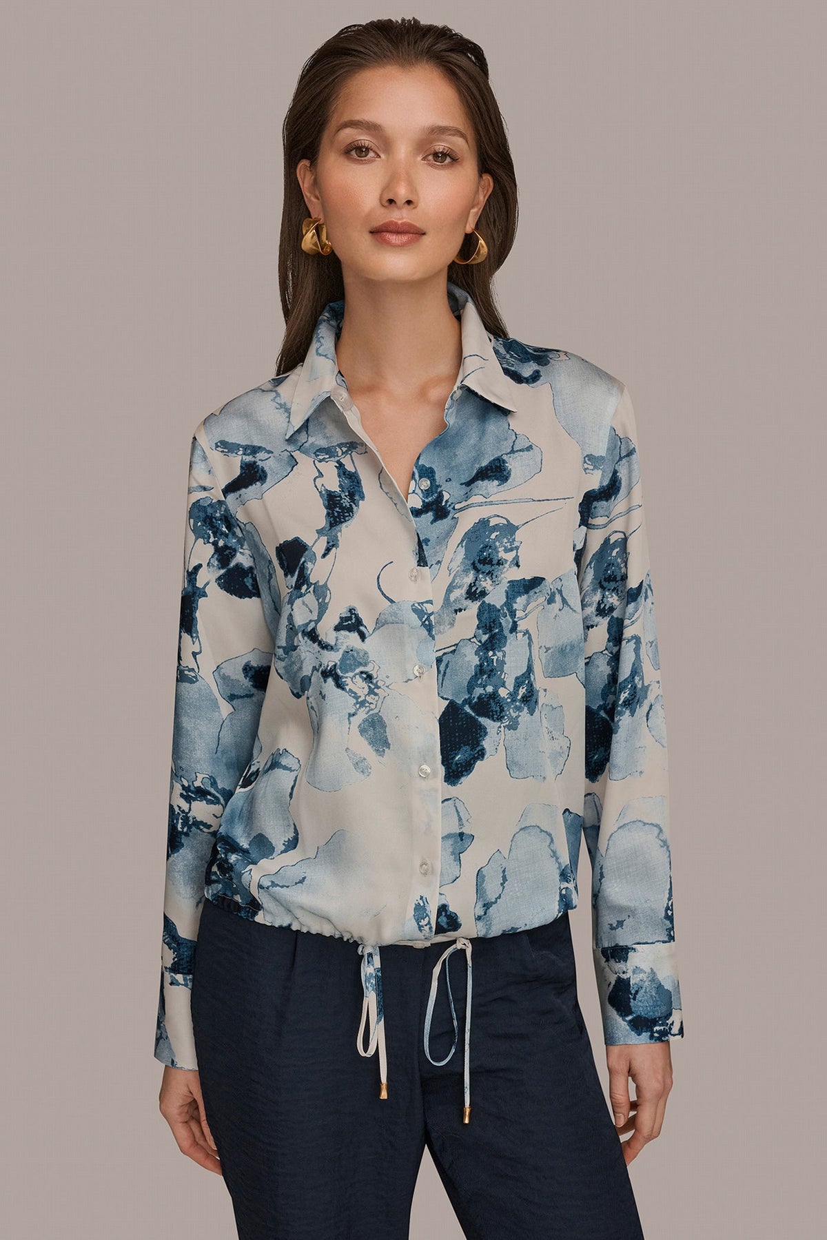 DRAWSTRING HEM BLOUSE - Sea Mist Multi