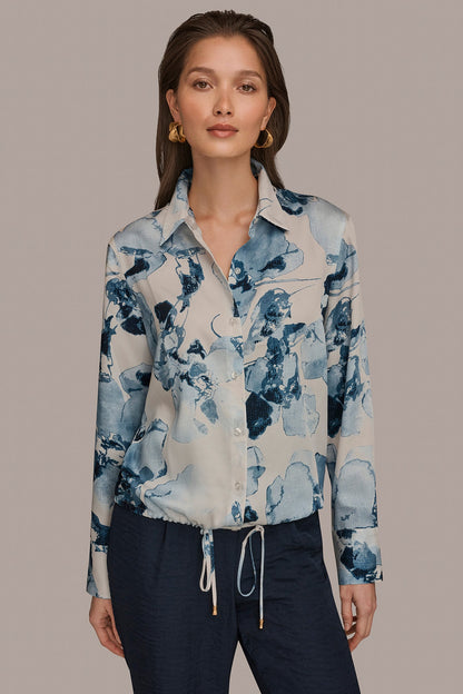 DRAWSTRING HEM BLOUSE - Sea Mist Multi