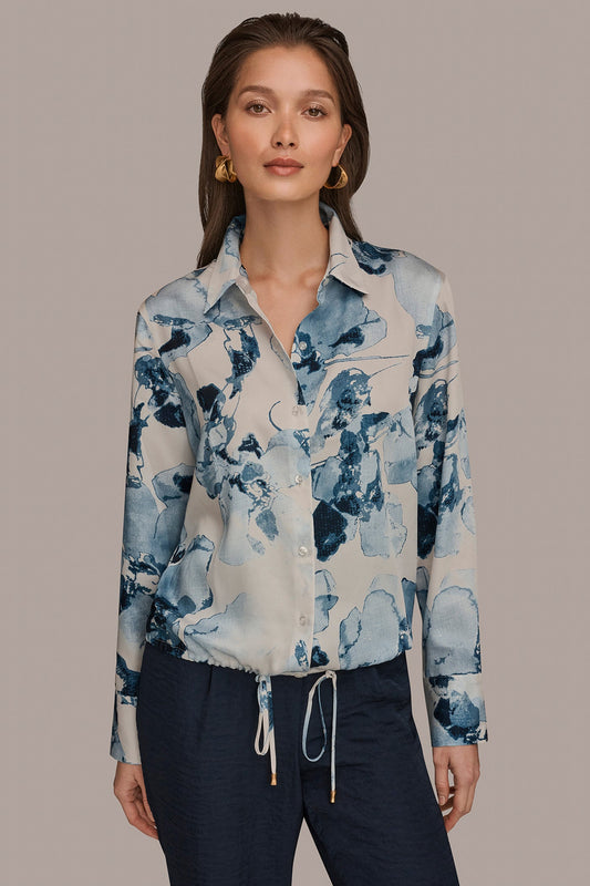 DRAWSTRING HEM BLOUSE - Sea Mist Multi