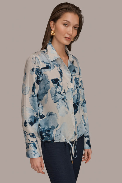 DRAWSTRING HEM BLOUSE - Sea Mist Multi