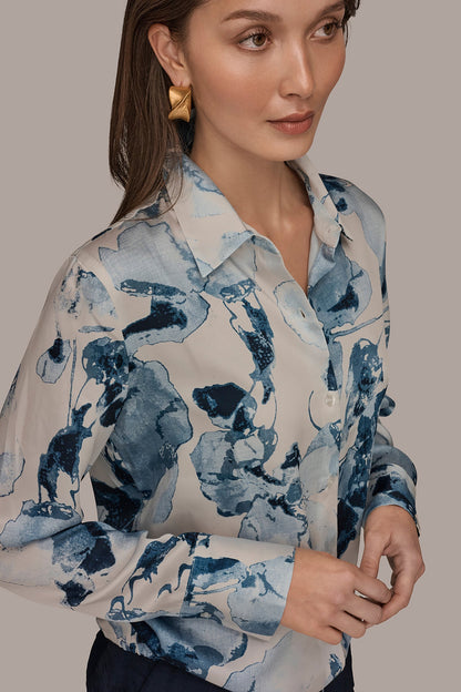 DRAWSTRING HEM BLOUSE - Sea Mist Multi