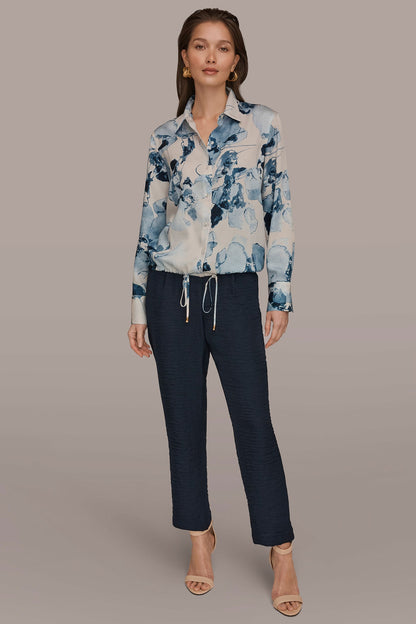 DRAWSTRING HEM BLOUSE - Sea Mist Multi