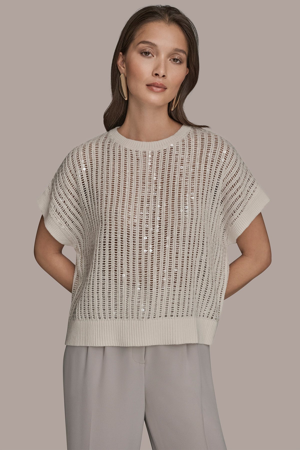 COTTON-BLEND SEQUIN OPEN-KNIT SWEATER - CREAM