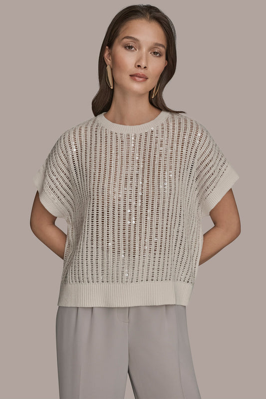 COTTON-BLEND SEQUIN OPEN-KNIT SWEATER - CREAM