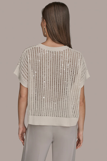 COTTON-BLEND SEQUIN OPEN-KNIT SWEATER - CREAM