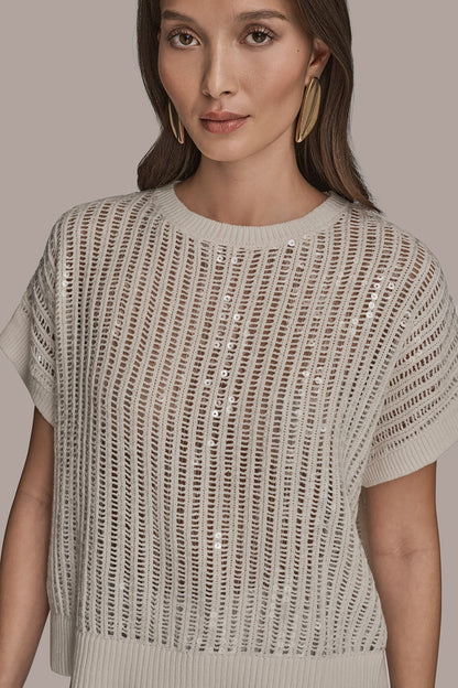 COTTON-BLEND SEQUIN OPEN-KNIT SWEATER - CREAM