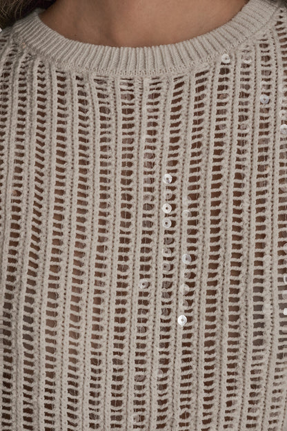 COTTON-BLEND SEQUIN OPEN-KNIT SWEATER - CREAM