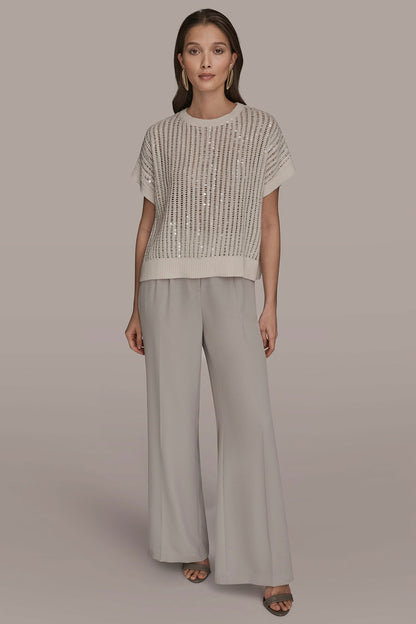 COTTON-BLEND SEQUIN OPEN-KNIT SWEATER - CREAM