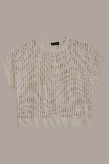 COTTON-BLEND SEQUIN OPEN-KNIT SWEATER - CREAM