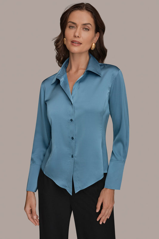 SATIN HIGH-LOW BLOUSE - Washed Indigo